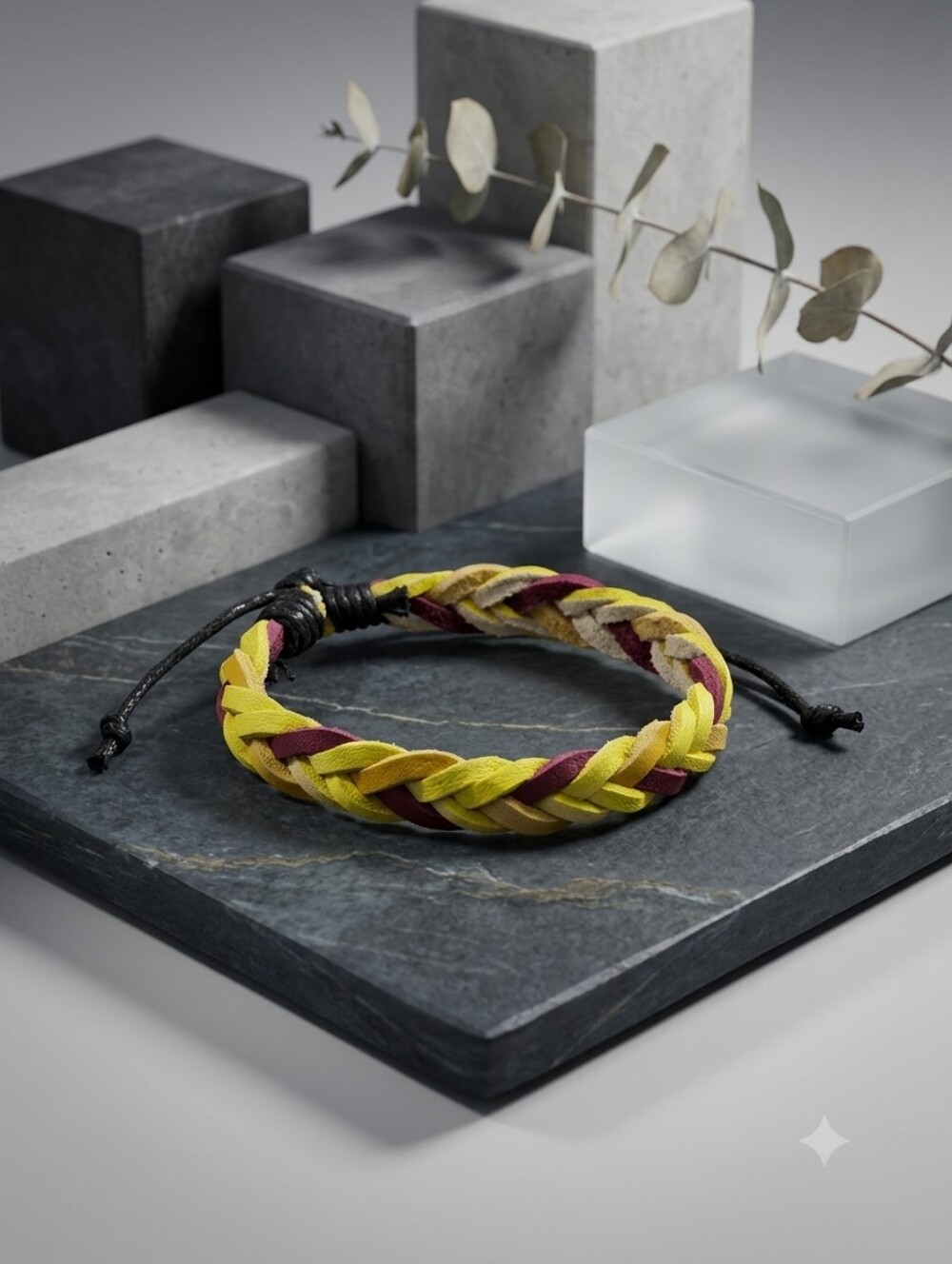 Braided Leather Bracelet in Yellow and Burgundy